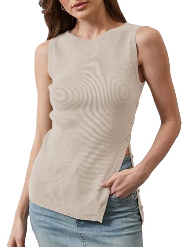 Image of Women Asymmetrical Button Sweater Vest Sleeveless Side Split Rib Knit Slim Fit Sweater Tank Top Summer Pullover Top