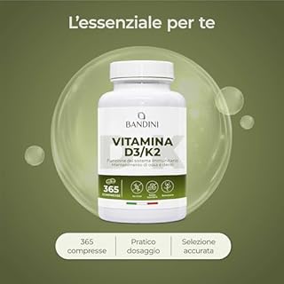 Bandini® Vitamina D3 K2 | 365 COMPRESSE (12 Mesi) | Vitamina D 2000 UI + 200 mcg Vitamin K | Vitamine MK-7 99% All Trans Vit D3+K2 | Per Ossa, Denti, Muscoli, Articolazioni & Sistema Immunitario