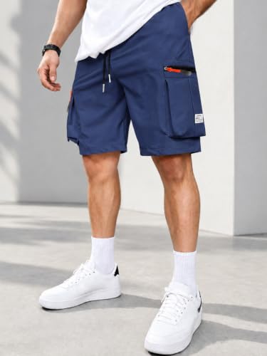 Bermuda cargo masculina de moletom com cordão e elástico na cintura, atlética casual para treino, com vários bolsos, Azul, XGG