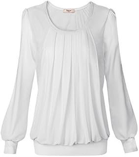 Timeson Women's Long Sleeve Scoop Neck Pleated Front Fitted Blouse Tops