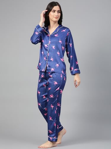 Image of KOTTY Women's Printed Satin Night Suit Shirt & Pyjama Set