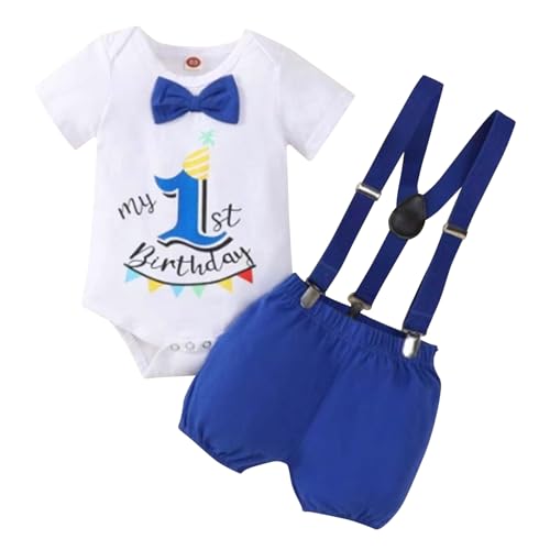 Winmany Bebé crianças 1º aniversário Outfit bolo criança pequeno Smash roupa manga curta macacão alças calções primeiro aniversário conjunto de roupa, Manga curta azul, 12-18 meses