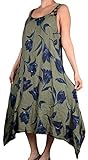  Grisodonna Style Damen lang Leinen Sommer zipfel Maxi Kleid Tunika 38 40 42 44 M L XL Khaki Tulpen Blumen Print Strand Urlaub Lagenlook zu Bolero Jacke (38)