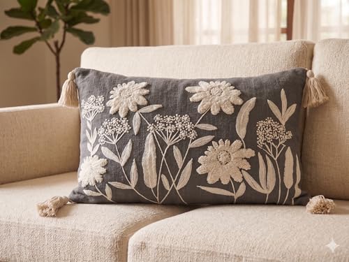 Embroidered Decorative 12X20 inch Cushion Cover with Tassels – Boho Embroidered Throw Pillow Case, Soft Cotton Linen Cushion Cover for Sofa, Living Ro