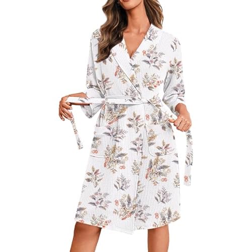 Ekouaer Robes for Women Waffle Knit Bathrobe Lightweight Kimono Robe Knee Length Loungewear with Pockets