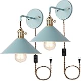 iYoee Plug in Switch Wall Sconces Set of Two,Blue Wall lamp with Plug in Cord of 2 for Bedroom Hanging Wall Lights E26 Edison Brass lamp Holder with Frosted Paint Body Bedside lamp
