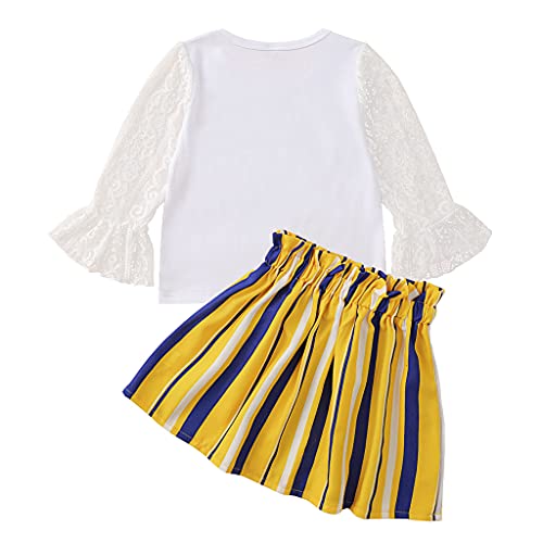 Ammengbei Toddler Baby Girls Lace Long Sleeve Blouse Top + A-Line Stripe Skirt Mini Dress Outfits Set (Yellow, 7-8 Years) #TOP1