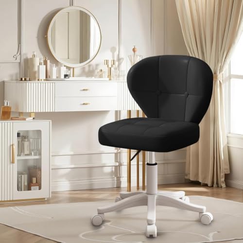 Image of Small Office Chair with Lumbar Support, PU Leather Armless Swivel Desk Chair Adjustable Height, Compact Rolling Chair for Home Office, Bedroom, Study Black Set of 2