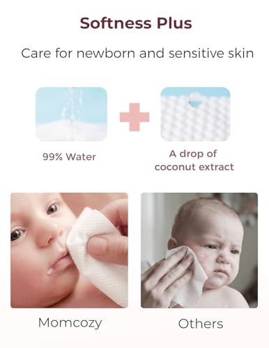 Image of Momcozy Baby Wipes Plus Wipes -Size, Thickness, Moisture, Softness & Scenario Plus, 99% Water-Based Wet Wipes, Unscented & Hypoallergenic, Gentle for Sensitive Skin, 720 Count (12 Packs)