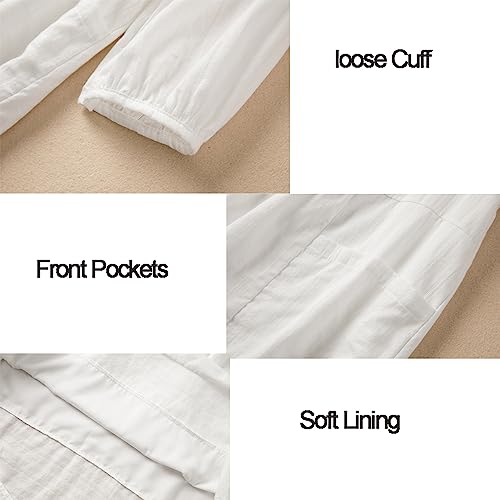 Lafural Womens V Neck Cotton Casual Loose Shift Tunic Smock Summer Dresses Vacation Dress 3/4 Sleeve Pocket White M - Image 6