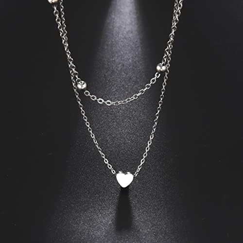kkjoy Stainless Steel Layered Necklace Love Heart Pendant Necklace Bead Pearl Choker Layering Necklace Jewelry for Women Girls Valentine's Day Mothers Day Gifts