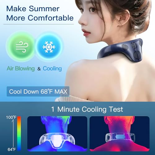 DATTOY Neck Air Conditioner, 360° Cooling Neck Fan, 8000mAh Rechargeable Wearable AC Air Conditioner with Large Cooling Plate,Blow Cold Air 3 Speeds Portable Personal Instant Neck Fan Cooler (Blue O)