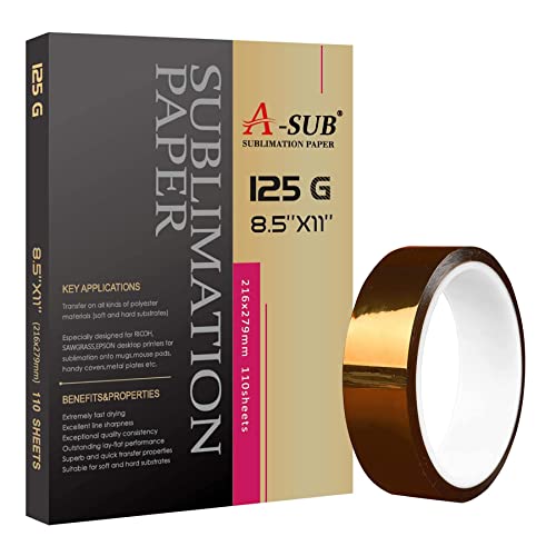 A-SUB Sublimation Paper 125g 110 Sheets with 1 Roll Heat Resistant Tape 1 Inch, Sublimation Set for DIY Crafts, for Heat Press Transfer