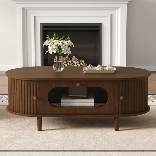 QSOST Table Basse Ovale 100x50x36 cm en MDF Noyer - Meuble de Salon avec Tiroir en Verre et Porte Coulissante Enroulable - Table de Rangement pour Canapé,...