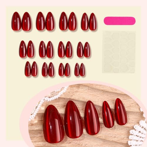 Image of Christmas Red Press on Nails Medium Almond Fake Nails Glitter Glue on Nail Press ons with Design Glossy Full Cover Shiny Stick on Nail for Women Girls Manicure 24Pcs