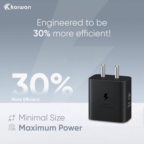 Image of KARWAN 25W Super Fast Charger with Cable [2Yrs Warranty] SFC 2.0 Adapter Compatible with Samsung Galaxy S /A /M /F /Z Series,S25 /S24 /S23 /S22 /S21 /Fe /Plus /Edge /Ultra /Flip /Fold & More, BIS Certified Charger