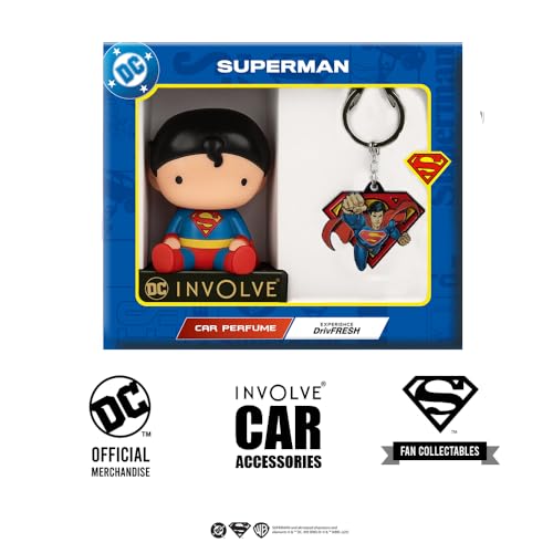 Image of Involve DC Superman Character Bobblehead Car Perfume & Keychain - OFFICIAL DC MERCHANDISE from Warner Bros | Car Air Freshener | Car Accessories 2026 | Car Dashboard Idol | Dashboard Figurine