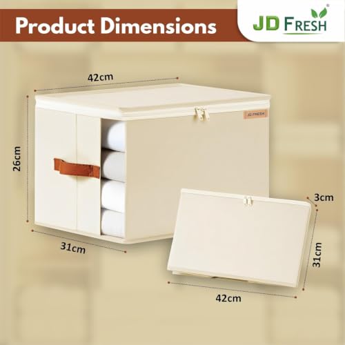 Image of JD FRESH 1 Pcs 30 Liters Foldable Cloth Organizer with Transparent Window /Multipurpose Storage Box with Handles /Almirah Organizer /Wardrobe Organisers for Clothes /Sarees /Bedsheets -Beige