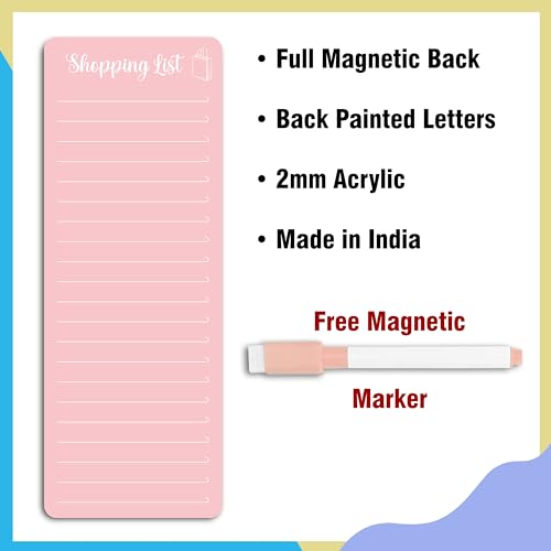 Image of Clickedin Magnetic Shopping List Grocery Fridge Magnet, 10x24 cm Acrylic Board with Marker (Baby Pink)