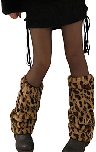 Women Girls Japanese Style Leg Warmer Kawaii Knit Boot Socks 90s Solid Striped Gothic Crochet Leg Warmers (Fluffy-Leopard Print, One Size)