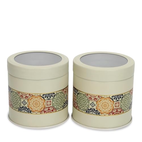 Image of Mandala Collection Airtight Kitchen Container Set| 450ML- Set of 2| Food Grade Metal Jars for Masala, Seeds, Cookies & Dry Storage| Vacuum Lid, Rust Resistant| Beige Rangoli Canisters