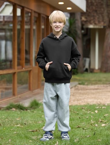 PATPAT Boys Thermal Hoodie, Cotton Fleece Pullover Sweatshirt with Kangaroo Pocket, Solid Color, Ages 6-122