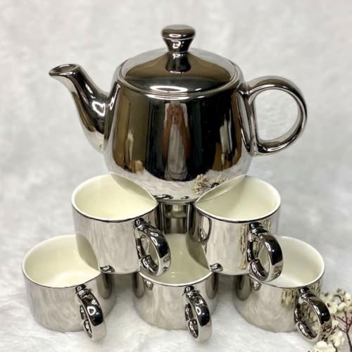 Image of DMRD MART-Porcelain Tea Set with Kettle |Tea Cup Set of 6 | Aesthetic and Classic Cups Set | Premium Crockery for Home & Gifting with Golden Color Geometric Pattern Design
