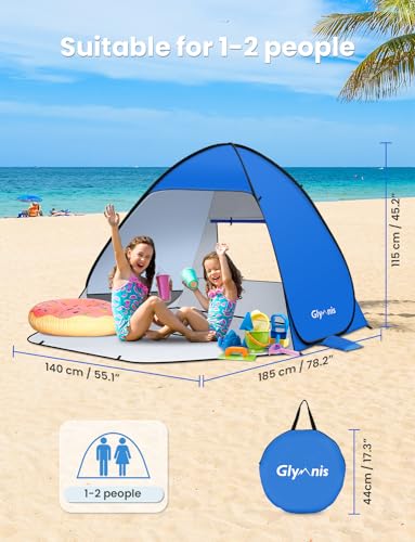 Glymnis Pop Up Beach Tent Small for 1-2 Person/Large for 3-4 Person, UV Protection Beach Sun Shelter with Zipper Porch, Portable Sun Shade Tent for Beach, Garden, Picnic - Image 3
