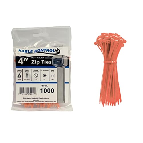 Image of Kable Kontrol Orange Zip Ties - 4 inch Inch Long - 18 Lbs Tensile Strength - 1000 Pcs /Pack - Colored Nylon - Multi-purpose - Wire Identification Solution - Self-Locking Cable Management Cord Wraps