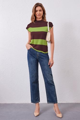 Image of Arach&Cloz Women's Striped Cap Sleeve Tops 2025 Spring Color Block Summer Lightweight Sweater Vest Mock Neck Shirts