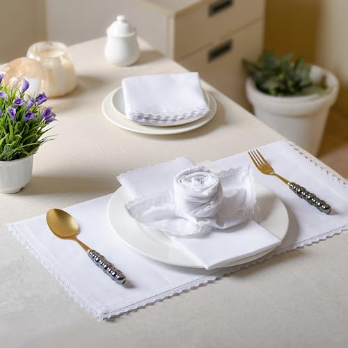Image of FINGERCRAFT Cloth Napkins Set of 50, 20x20 Inch 100% Cotton Fabric Napkins with Decorative Trim Lace Edge, Mitered Corners, Reusable Washable Dinner Table Napkins for Weddings, Banquets (White)