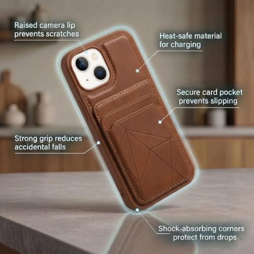 Image of amazon basics Premium Vegan Leather Back Cover with Card Holder and Integrated Mobile Stand for iPhone 13 - Slim Shockproof Wallet Case with Geometric Stitching [Tan]