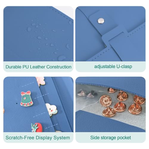 Image of Enamel Pin Display Book - 4 Page Leather Travel Organizer for Collectors, Portable Lapel Pin Holder with Secure Storage, Compact Pin Trading Book (Blue)