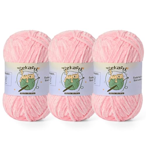 Image of 3 Pack of 300g (590yds) Fuzzy Chenille Yarn for Crocheting,Fluffy Amigurumi Crochet Yarn for DIY Craft /Hat /Clothes, Soft Velvet Baby Blanket Yarns(3 Light Pink)