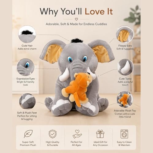 Image of Elephant with Monkey 30cm | Ultra Soft Plush Stuffed Toy | Cute Hugging Pillow | Gift for Kids Boys Girls