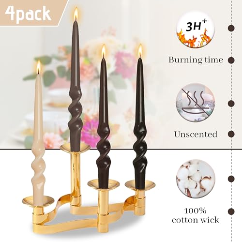 Image of Gradient Brown Smokeless Candles Handmade Twisted Taper Candle 9.5 Inch Long Spiral Candlesticks Dinner Unscented Candles for Holiday Wedding Party Home Decor 4 Pcs