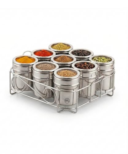 Image of Mishaa Steel Multipurpose Storage Containers - Perfect Organizer for Masala Spices, Herbs, Mouth Freshner, Dry Fruits, 130ml Each Airtight Containers with See-Through Lid (9IN1 SQUARE WIRESTAND)