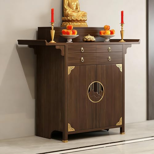 VinLeap Wooden Buddhist Altar Cabinet, 3-Tier Altar Table with Storage Drawer, Elegant Zen Style Entryway Console Table for Prayer, Meditation, Home Sanctuary