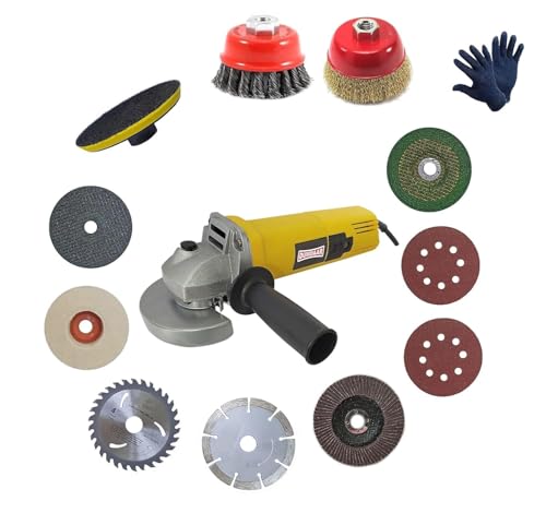 Image of Inditrust Dumdaar Angle Grinder Set, 950w, 100mm Wheel Diameter, with 1Pair Gloves and 11pc Multi type wheel Combo (Yellow)