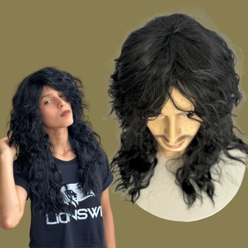 LIONSWIG, Peruca rock heavy metal anos 60 70 80 ondulada volumosa friz Cor:Preto Slash Kiss