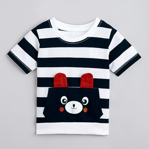 Image of Hopscotch Boys Cotton Stripes Bear Print Half Sleeves T-shirt and Joggers Set In Multi Color