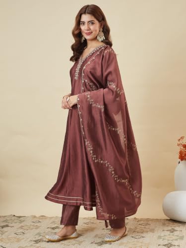 Image of MOKOSH Women's Silk Embroidery Anarkali Kurta Pant with Dupatta | Anarkali Kurta Set |Ethnic Kurta Set for Women |Floral Kurta 7 Colour Options Available |3 Piece Outfit