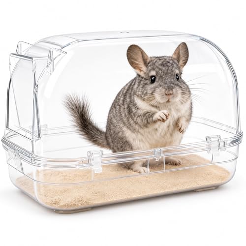 Large Chinchilla Dust Bath House 11-Inch Clear Enclosed Bathing Hideout with Lift-Off Lid Low-Mess Rim & Stable Non-Slip Base Easy-Clean Design for Adult Chinchillas