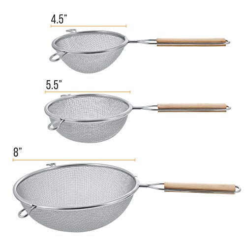 U.s. Kitchen Supply - Set Of 3 Premium Quality-Double Mesh Extra Fine Stainless Steel Strainers With Comfortable Wooden Handles, 4", 5.5" And 8" Sizes #TOP1