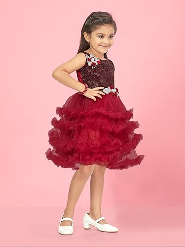 Image of Aarika Girls Dark Green Colour Self Design Net Frock