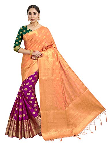 Vardha Sarees for Women's Banarasi Raw Silk Sari | Indian Kanjivaram Gift Saree with Non Stitched Blouse (Peach and Pink)