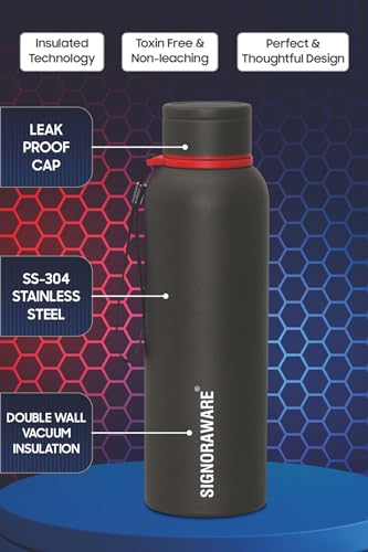 Image of SignoraWare Parkour Vacuum ISI Certified Stainless Steel Bottle With Hanging Strip | Airtight & Leakproof | Easy To Clean | Lightweight | Ideal for School, Office, Gym Or Outdoors (900ml | Black)