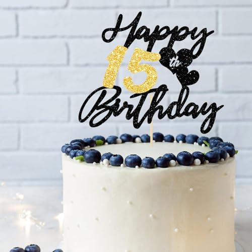 Gleevio Tortendeko 15 Geburtstag Junge Mädchen,Glitzer Kuchen Deko 15 Geburtstag Mädchen,Happy 15th Birthday Cake Topper,Alles Gute zum Geburtstagsdeko 15 Jahre,Torten Deko 15 Jahre Junge Schwarz Gold