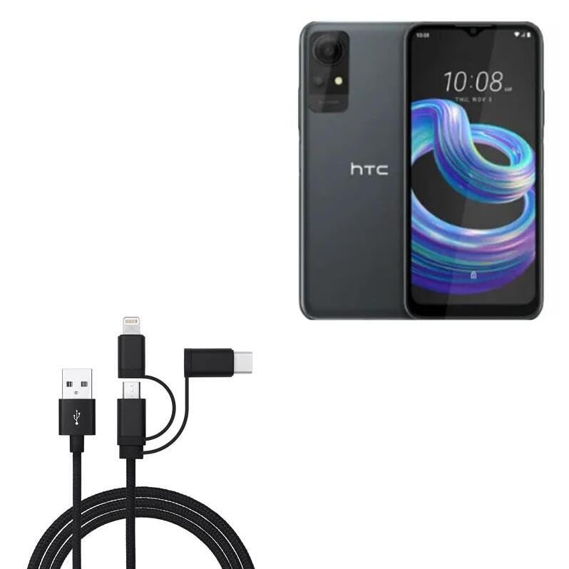 BoxWave Cable Compatible with HTC Wildfire E2 Play - AllCharge 3-in-1 Cable - Jet Black