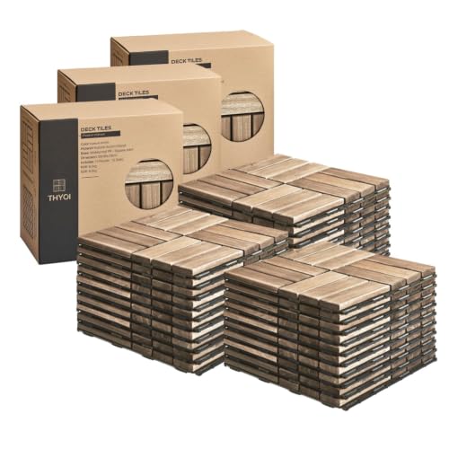 THYOI Premium Deck Tiles, Patio Flooring - Set 30 Pcs 12”x12”x0.9” Interlocking Deck Tiles, Waterproof Acacia Wood for Balcony, Backyard, Indoor &amp; Outdoor (White, Crossed Pattern, Square Joints)